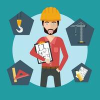Engineer standing with construction plan document. Construction site. Engineering icon set. Flat vector illustration