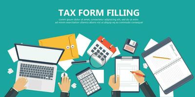 Tax payment. Government, state taxes. Data analysis, paperwork, financial research, report. Businessman calculation tax return. Flat design. Tax form vector. Payment of debt. vector