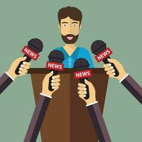 Businessman giving an interview in the presence of journalists with microphones and recorder. Journalism concept. Flat vector illustration