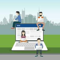 People sitting on big notebook. Social network web site. Surfing concept illustration of young people using lap top to be a part of on line community. Flat vector illustration