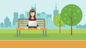 Woman sitting in a park, holding lap top on her lap. Social network concept. Flat vector illustration