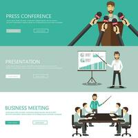 Press conference, business presentation and business meeting website banners. Flat vector illustration