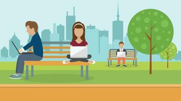 People sitting in a park, holding lap top on their lap. Social network concept. Flat vector illustration