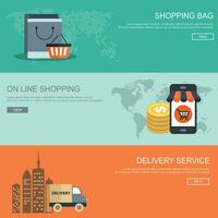 Flat design concepts for on line shopping, shopping bag and delivery service. Concepts for web banners and promotional materials. Flat vector illustration