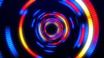 Abstract digital rotating tunnel with random glowing lamps. Rotation of bright glowing circles or rings. Ultraviolet lamps. 4k video. Screensaver animation. seamless loop video