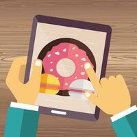 Hand holding smart phone with doughnut and cookies on the screen. Order food and drink concept. Flat vector illustration.