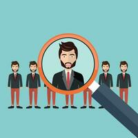 Choosing the best candidate for the job concept. Magnifying glass picking up a businessman figure from the row. Flat design vector