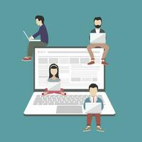 People sitting on big notebook. Social network web site. Surfing concept illustration of young people using lap top to be a part of on line community. Flat vector illustration