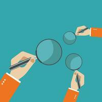 Concept of searching, detecting and analyzing. Hands holding a magnifying glass. Flat vector illustration