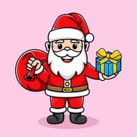 linda Papa Noel claus que lleva regalo caja y que lleva regalo bolso vector