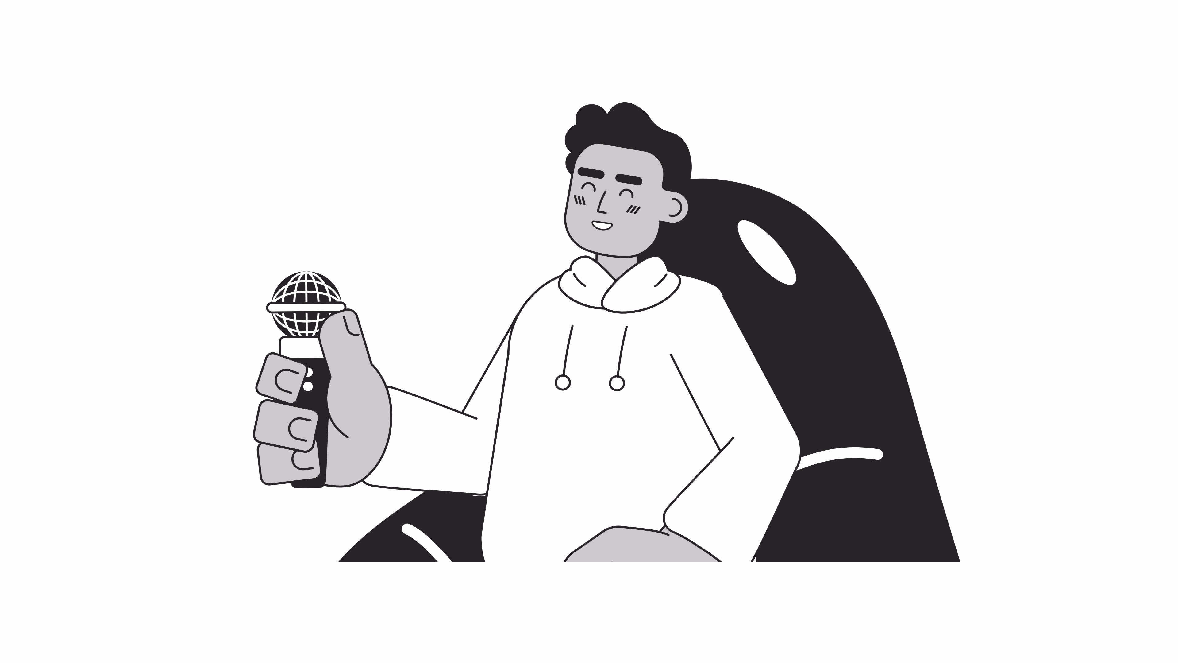 African american male talk show host bw 2D character animation. Young 