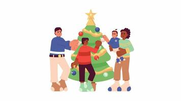 diverse famille Noël arbre décorer dessin animé animation. interracial famille vacances 4k vidéo mouvement graphique. pendaison babioles Noël 2d Couleur Animé personnages isolé sur blanc Contexte video