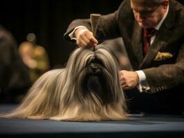 Well-behaved dog participating in a show, beautifully groomed photo