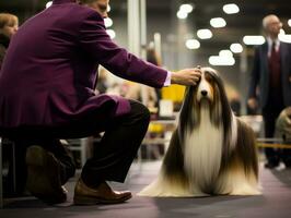 bien portado perro participativo en un espectáculo, hermosamente arreglado foto