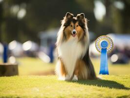 Well-behaved dog participating in a show, beautifully groomed photo