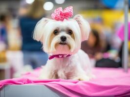 Well-behaved dog participating in a show, beautifully groomed photo