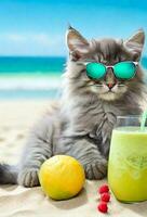 Funny large longhair gray kitten with beautiful big green eyes wearing sunglasses with fresh juice and fruits on beach background, summer concept photo