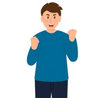 Angry man raised his fists and screams. The guy expresses negative emotions and feelings, shouts loudly. Human emotions and body language. Vector illustration