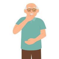 A senior man suffers from nausea and abdominal pain. Vomiting and diarrhea. Unhappy suffering senior holding his hands on his belly.Flat vector illustration