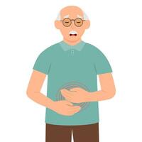 Senior man with stomach ache touching belly. Abdominal pain. Appendicitis, food poisoning, diarrhea. Vector illustration.