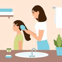 Smiling Mom  combing her little daughter hair with a brush in bathroom. Woman holding comb in hand. Daily routine, spa, self care activity.  Vector illustration