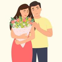 Man hugging a woman with a bouquet of flowers.Family or relationship concept.Vector illustration vector