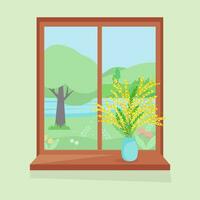 Spring window with view, Mimosa flowers in a vase. Yellow flowers with leaves. Cozy vector illustration in flat style