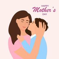 Happy Mother day card. Mom hugs her son . Mother holds child. Parent shows love and care. Vector illustration