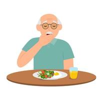 un mayor hombre sufre desde náusea y abdominal dolor. vómitos y persona.diarrea con comida envenenamiento. plano vector ilustración
