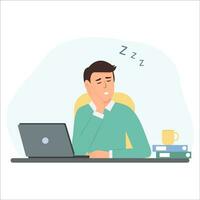 cansado negocio hombre dormir en lugar de trabajo. oficina trabajador tomando un siesta a escritorio. exceso de trabajo, fatiga. vector ilustración.