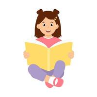 Happy cute kid holding open book. Smiling girl reading a book. Vector illustration isolated