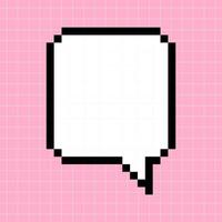 Rectangular cute horizontal frame in the shape of a pixelated dialog box on a pink checkered background. Vector minimalistic element in 8-bit retro gaming style, bubble.