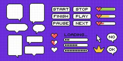 Clipart set of pixel elements in 8-bit style on a bright purple background. Dialog boxes of different shapes and sizes, loading lines, life icons, crown, pointer and buttons. vector