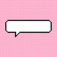 A narrow horizontal rectangular frame in the shape of a pixel dialog box on a pink checkered background. Vector element in 8-bit retro game style, space for text.