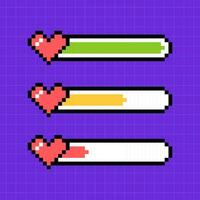 Clipart set of pixel elements in 8-bit style isolated on a bright purple background. Three life scales in a retro game, heart icons. vector