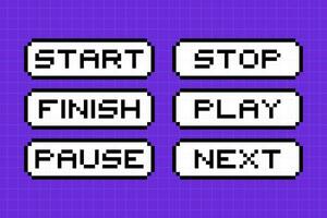 Clipart set of pixel elements in 8-bit style on a bright purple checkered background. Dialog boxes of different shapes and sizes, retro game buttons. vector