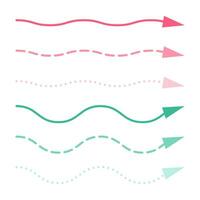 A set of curved thin multi-colored arrows in green and pink of different shapes. Minimalistic dotted signs, playful lines isolated on a white background. vector