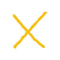 Yellow doodle hand drawn cross, checkmark isolated on white background. Minimalistic vector element in bright colors.