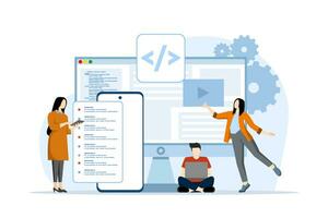 Web development concept. programming language. css, html, it, ui. Cartoon character programmer developing website, coding. flat vector illustration on white background.