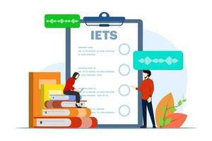 IELTS concept, International English Language Testing System, Students preparing for the exam and studying to improve the language, English language proficiency test. flat vector illustration.