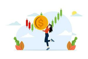 Stock market trader concept, technical analysis to buy and sell shares for profit, investment or wealth management, following trends, businesswoman trader holding dollar coins with charts and graphs. vector