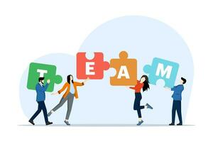 Concept of problem solving, management, smart planning, Colleagues designing effective solutions to work problems, Team of business people or business partners putting together a jigsaw puzzle. vector