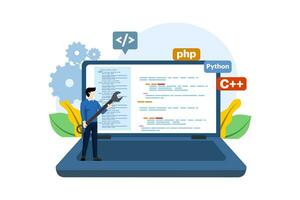 Web development concept. programming language. css, html, it, ui. Cartoon character programmer developing website, coding. flat vector illustration on white background.