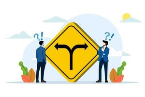 Concept of decision to choose a path, alternative or choice, deciding career path, thinking to find a solution, contemplation of businessman thinking about where to go on a people's road sign. vector