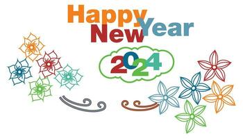 Happy New Year 2024 greeting card with Colorful Flowers and Text. Vector illustration.