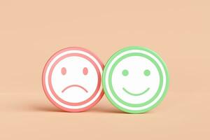 Evaluation and satisfaction level. Red and green circles with emojis on an orange background. photo