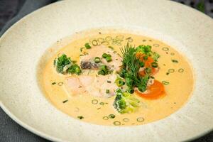 fish soup with green onions, carrots and broccoli side view photo