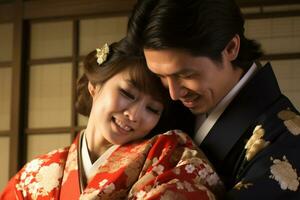 married japanese couple smiling posing together in traditional clothing kimono and hakama bokeh style background photo