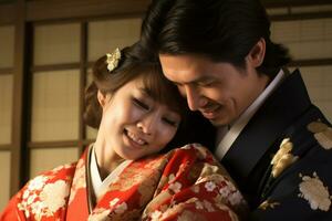 casado japonés Pareja sonriente posando juntos en tradicional ropa kimono y hakama bokeh estilo antecedentes foto