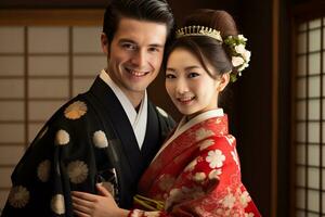 casado japonés Pareja sonriente posando juntos en tradicional ropa kimono y hakama bokeh estilo antecedentes foto